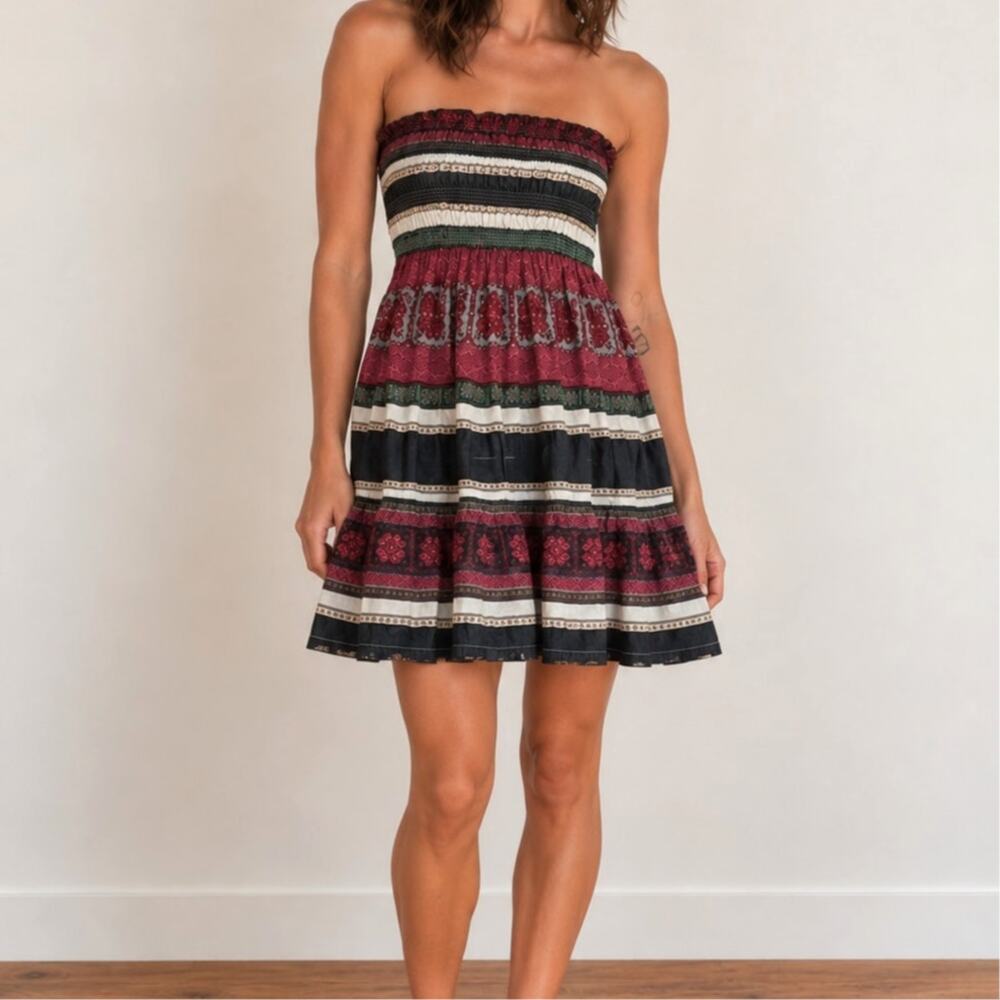 Moda International Strapless Smocked Cotton Boho Dress Floral Tiered Medium